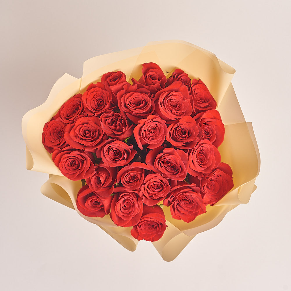 Bouquet of 25 Red Roses in a peach package
