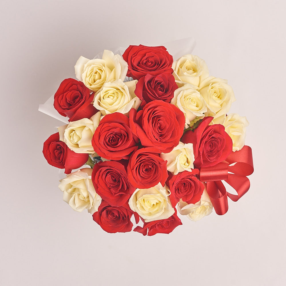 Box of 25 Red and White Roses